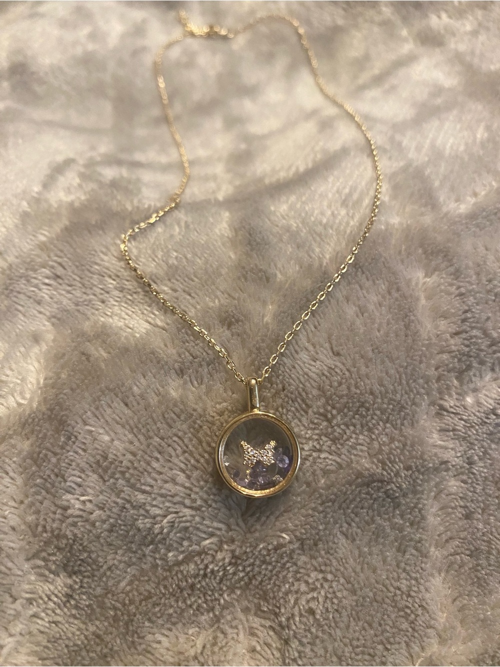 Crystal Butterfly Shaker 14k Gold Plated Necklace with Purple Crystal Accent